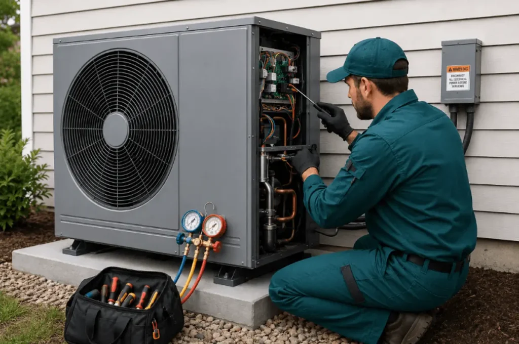 a man performing maintenance on a heat pump